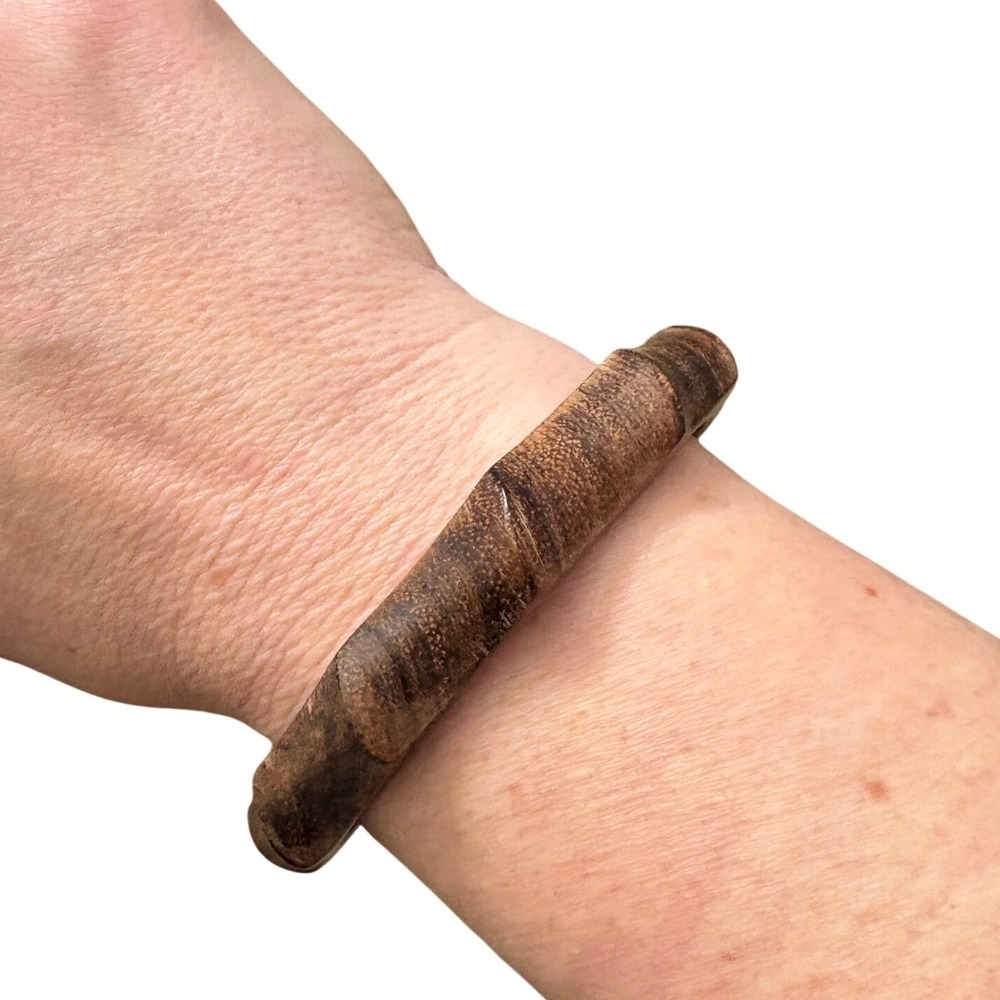 Hand Carved Brown Wood Scalloped Bangle Bracelet Geometric Boho Style